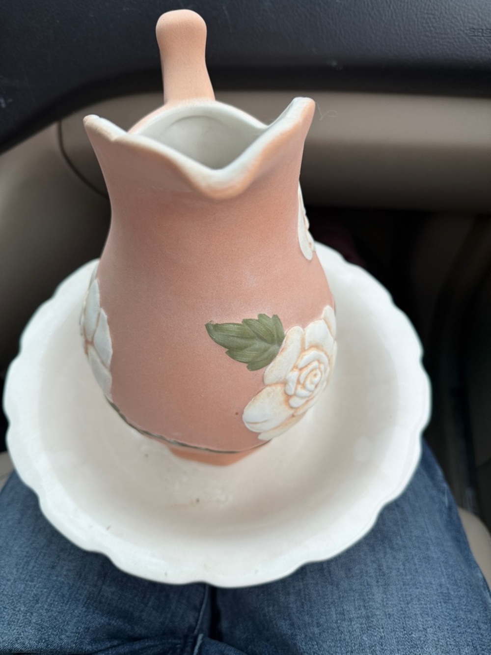 Peach Ceramic Pitcher with White Floral Relief - Home Accents Decor